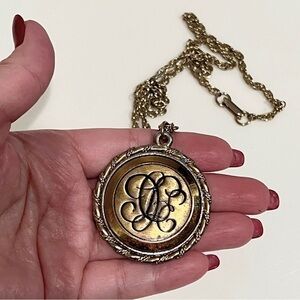 Antique Doublesided Monogrammed mirror necklace, Estate Jewelry 11.5”L